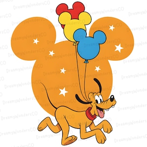 May include: A cartoon illustration of Pluto, a yellow dog, running with three Mickey Mouse-shaped balloons in red, yellow, and blue. The background features an orange Mickey Mouse head shape with white stars.