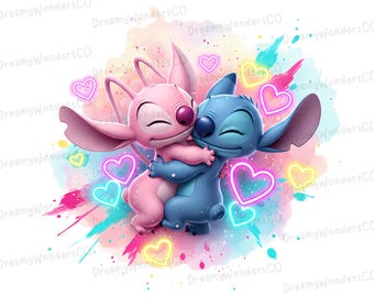 Könnte beinhalten: Digitale Illustration von zwei Zeichentrickfiguren, eine rosa und eine blaue, die sich umarmen. Das Bild zeigt Neonherzformen und farbenfrohe Farbspritzer. Die Figuren sind vor einem weißen Hintergrund platziert.