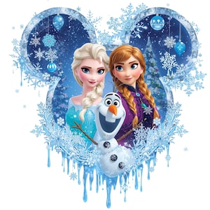 May include: A graphic featuring Elsa, Anna, and Olaf from the movie Frozen, set against a wintery background. The design is framed by a Mickey Mouse-shaped border with snowflakes and icicles. Elsa wears a blue dress, Anna a purple cape, and Olaf the snowman is in the center.