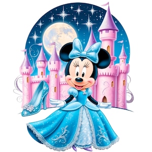 May include: A cartoon illustration of Minnie Mouse dressed as a princess in a blue gown with a pink castle in the background. The castle is surrounded by stars and a moon.