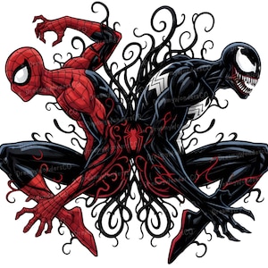 May include: Illustration of Spider-Man and Venom, posed back-to-back. Spider-Man is red and black, while Venom is black and white. Both figures are connected by black tendrils, with a spider emblem in the centre.