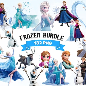 Könnte beinhalten: Ein digitales Kunstpaket mit Charakteren aus dem Animationsfilm "Die Eiskönigin". Das Bild enthält Illustrationen von Elsa, Anna, Olaf und Kristoff. Der Text "FROZEN BUNDLE 132 PNG" ist abgebildet.