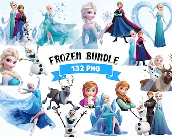 Puede incluir: Un paquete de arte digital con personajes de la película animada "Frozen". La imagen incluye ilustraciones de Elsa, Anna, Olaf y Kristoff. El texto "FROZEN BUNDLE 132 PNG" se muestra.