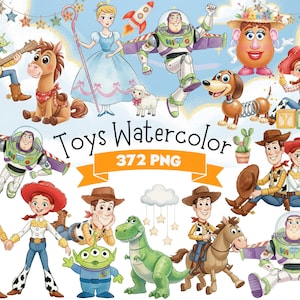 Puede incluir: Ilustración en acuarela con varios personajes de la franquicia Toy Story, incluidos Woody, Buzz Lightyear y Jessie. La imagen también incluye a Cenicienta, un caballo y otros elementos temáticos de juguetes. Se muestra el texto "Toys Watercolor 372 PNG".