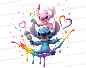 Könnte beinhalten: Eine lebendige Illustration mit den Figuren Stitch und Angel aus Lilo & Stitch. Stitch, in Blau, und Angel, in Rosa, halten Pinsel mit Regenbogenfarben, umgeben von Farbspritzern und Herzen. Das Bild hat einen verspielten, cartoonartigen Stil.