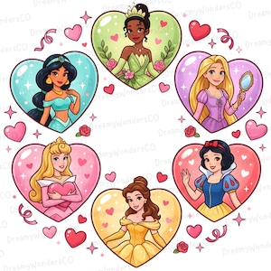 May include: A digital illustration featuring six Disney princesses, each within a heart-shaped frame. The princesses include Jasmine, Tiana, Rapunzel, Aurora, Belle, and Snow White. Pink hearts, roses, and ribbons surround the princesses.