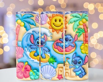 Stitch Beach Day 3D Puffy 20 Oz Tumbler Wrap PNG – Summer Tropical Design