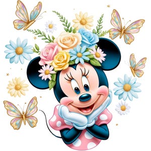 May include: A cartoon illustration of Minnie Mouse wearing a floral crown with butterflies surrounding her. She is smiling and has her hands on her chin.