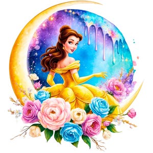 Digital Princess Beauty Belle on Moon flowers PNG Design Clipart - commercial use,instant download,cricut,sublimation,t shirt, mug,bag