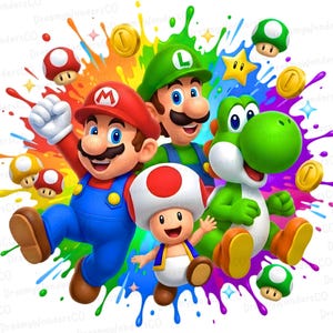Könnte beinhalten: Eine lebendige Illustration mit Mario, Luigi, Yoshi und Toad vor einem farbenfrohen Spritzer-Hintergrund. Die Charaktere sind in ihren ikonischen Outfits dargestellt, mit Münzen, Sternen und Pilzen verstreut. Das Bild hat eine spielerische und energiegeladene Ausstrahlung.