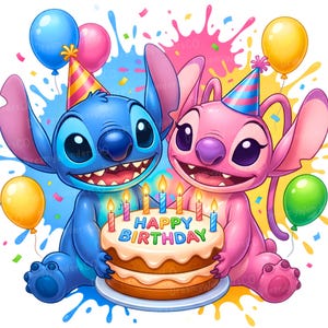 May include: A digital illustration of Stitch and Angel from Lilo & Stitch celebrating a birthday. They hold a cake with lit candles and the words "Happy Birthday." Colorful balloons and confetti complete the festive scene.