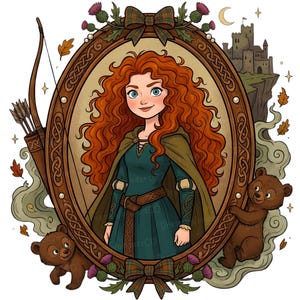 May include: Illustration of a woman with red curly hair in a green dress and cape, framed by a decorative border with bears, a bow and arrow, and a castle in the background. The image has a cartoon style.