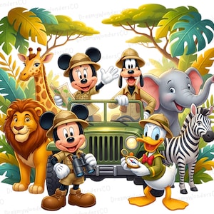 May include: A vibrant illustration featuring Disney characters on a safari. Mickey and Minnie Mouse, Goofy, and Donald Duck are in a green jeep. A lion, giraffe, elephant, and zebra are also present, surrounded by jungle foliage.