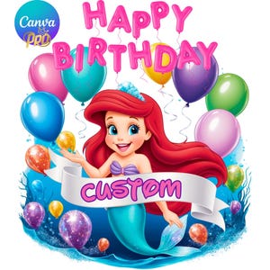 Digital Princess Ariel Birthday Customizable on Canva + PNG Design Clipart -commercial use, instant download ,cricut, sublimation, t shirt