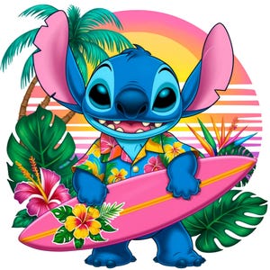 May include: A blue cartoon character with large ears, wearing a colorful Hawaiian shirt and holding a pink surfboard. The character is surrounded by tropical plants and a sunset background.