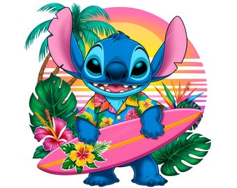 Digital Stitch Tropical Surfer Sunset PNG Design Clipart -commercial use, instant download ,cricut, sublimation, t shirt, mug, bag, kids