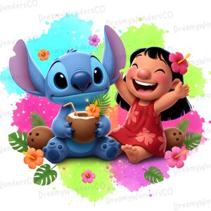 Puede incluir: Ilustración vibrante con los personajes Stitch y Lilo de la película animada. Stitch, un alienígena azul, sostiene una bebida de coco. Lilo, con un vestido rojo, sonríe. Flores tropicales y fondo colorido.