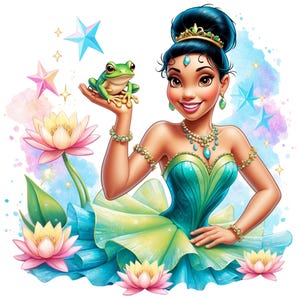 Digital Princess Tiana and Frog PNG Design Clipart - commercial use, instant download, cricut, sublimation, t shirt, mug, watercolor, girl