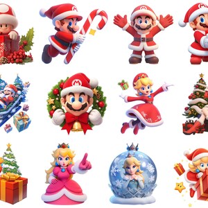 Pode incluir: Uma cole&ccedil;&atilde;o de ilustra&ccedil;&otilde;es com tema natalino com personagens de Mario e Luigi. As ilustra&ccedil;&otilde;es incluem Mario e Luigi vestidos com trajes de Papai Noel, Peach e Daisy vestidas com vestidos de festa vermelhos e brancos, e uma variedade de outros elementos festivos.