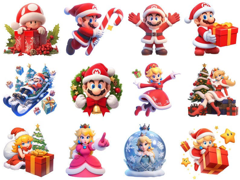 Pode incluir: Uma cole&ccedil;&atilde;o de ilustra&ccedil;&otilde;es com tema natalino com personagens de Mario e Luigi. As ilustra&ccedil;&otilde;es incluem Mario e Luigi vestidos com trajes de Papai Noel, Peach e Daisy vestidas com vestidos de festa vermelhos e brancos, e uma variedade de outros elementos festivos.