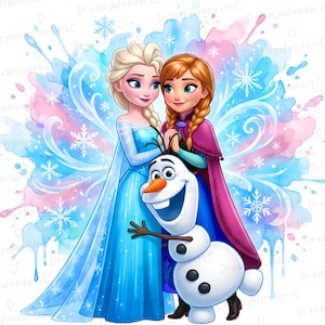 May include: A watercolour illustration of Elsa and Anna from Frozen, with Olaf the snowman. Elsa is in a blue gown, Anna in a purple cape. The background features blue and pink watercolour splashes and snowflakes.