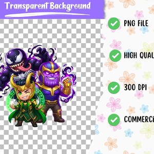 May include: A digital graphic featuring cartoon versions of Venom, Loki, and Thanos. Venom is a dark purple character with a long tongue. Loki is in green and gold. Thanos is purple and wears a golden gauntlet. The image has a transparent background.