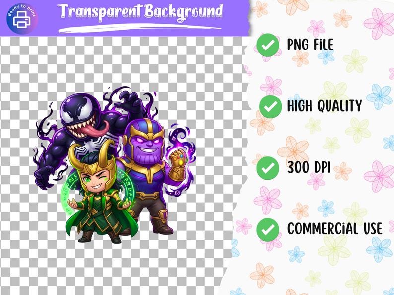 May include: A digital graphic featuring cartoon versions of Venom, Loki, and Thanos. Venom is a dark purple character with a long tongue. Loki is in green and gold. Thanos is purple and wears a golden gauntlet. The image has a transparent background.