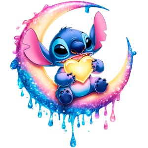 May include: A blue Stitch character holding a yellow heart, sitting on a crescent moon with dripping rainbow glitter.