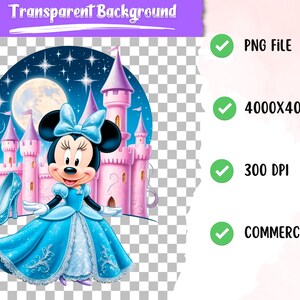 May include: A cartoon illustration of a blue and white princess dress with a blue bow on the head. The character is standing in front of a pink castle with a moon and stars in the background.