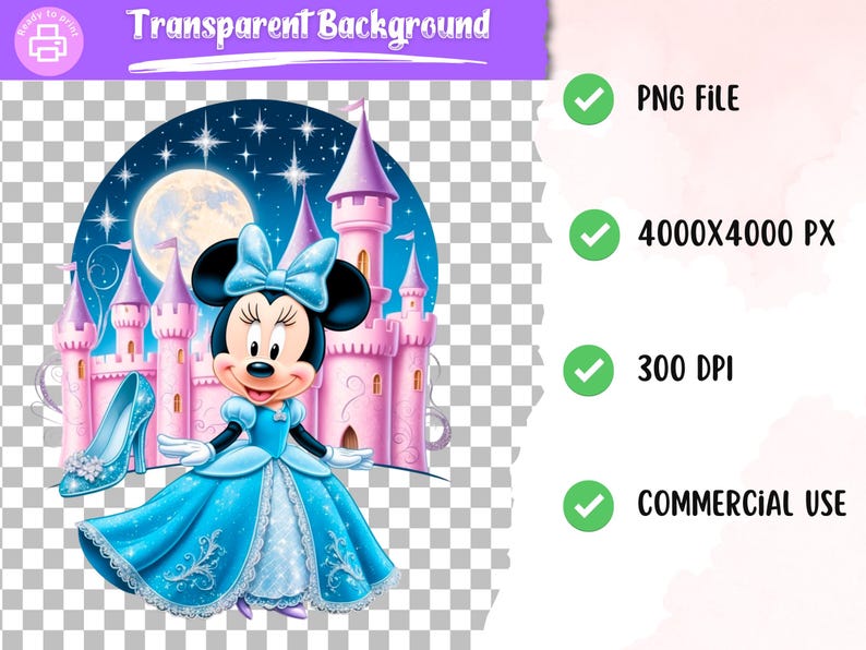 May include: A cartoon illustration of a blue and white princess dress with a blue bow on the head. The character is standing in front of a pink castle with a moon and stars in the background.
