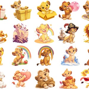 Puede incluir: Una colecci&oacute;n de 16 adorables cachorros de le&oacute;n de dibujos animados en varias poses y escenarios. Los cachorros est&aacute;n representados con pelaje amarillo brillante, ojos azules y expresiones juguetonas. Algunos sostienen objetos como una caja de regalo, una taza de t&eacute; o un arco&iacute;ris. Otros est&aacute;n sentados en una nube, un barco o una taza de t&eacute;. Las im&aacute;genes son perfectas para usar como pegatinas, planchas o para otros proyectos de manualidades.