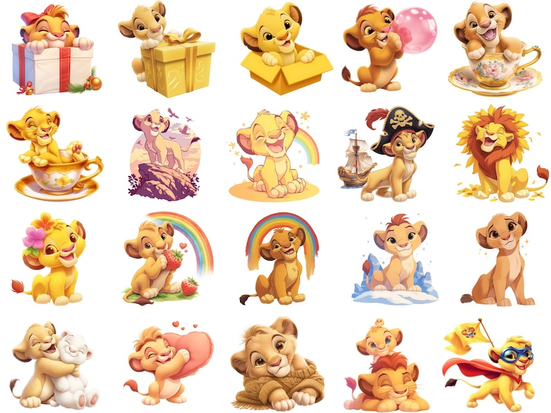 Puede incluir: Una colecci&oacute;n de 16 adorables cachorros de le&oacute;n de dibujos animados en varias poses y escenarios. Los cachorros est&aacute;n representados con pelaje amarillo brillante, ojos azules y expresiones juguetonas. Algunos sostienen objetos como una caja de regalo, una taza de t&eacute; o un arco&iacute;ris. Otros est&aacute;n sentados en una nube, un barco o una taza de t&eacute;. Las im&aacute;genes son perfectas para usar como pegatinas, planchas o para otros proyectos de manualidades.