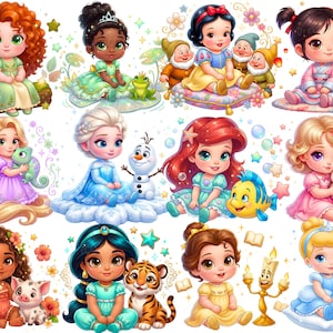 Könnte beinhalten: Zwölf Cartoon-Illustrationen von Disney-Prinzessinnen im Chibi-Stil. Jede Prinzessin ist mit leuchtenden Farben und detaillierten Outfits dargestellt. Einige werden von tierischen Begleitern begleitet, was ein skurriles und bezauberndes Thema schafft. Maße sind nicht zutreffend.