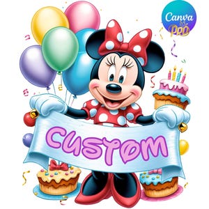 Digital Minnie Mouse Birthday Customizable on Canva PNG Design Clipart -commercial use, instant download ,cricut, sublimation, t shirt, mug