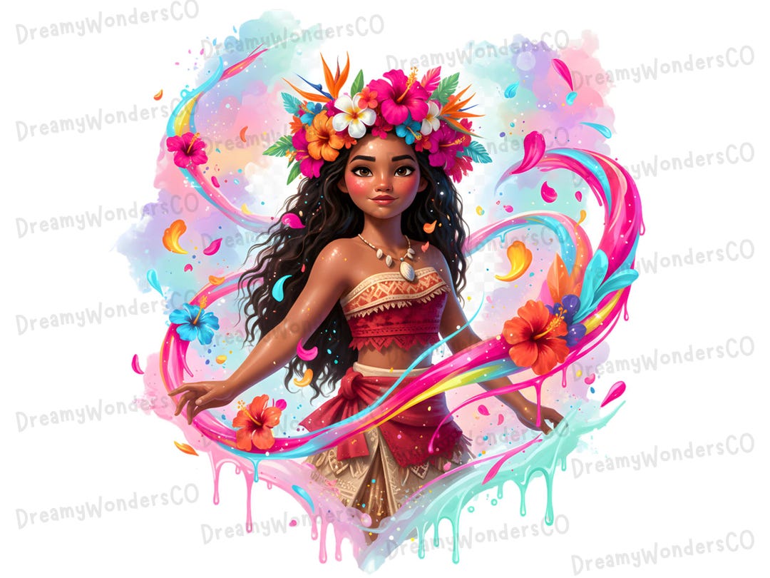 princess-moana-watercolor-flowers-splash-clipart-png-digital-design