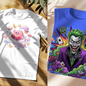 K&ouml;nnte beinhalten: Zwei T-Shirts. Eines ist wei&szlig; mit einer rosa Cartoonfigur auf einer Wolke mit S&uuml;&szlig;igkeiten. Das andere ist blau, mit einer Grafik eines l&auml;chelnden B&ouml;sewichts in einem lila Anzug, gr&uuml;nen Haaren und Spielkarten.
