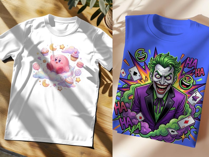 K&ouml;nnte beinhalten: Zwei T-Shirts. Eines ist wei&szlig; mit einer rosa Cartoonfigur auf einer Wolke mit S&uuml;&szlig;igkeiten. Das andere ist blau, mit einer Grafik eines l&auml;chelnden B&ouml;sewichts in einem lila Anzug, gr&uuml;nen Haaren und Spielkarten.