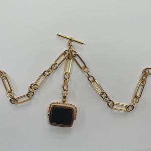 double albert trombone link gold plated pocket watch chain fob square stone red and black