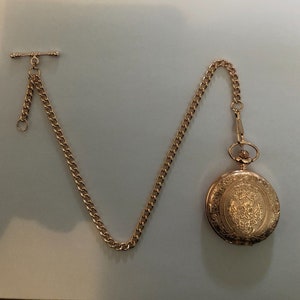 single albert rose gold colour plated pocket watch and chain t bar fob