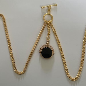 hand made vintage type double albert gold plated pocket watch chain spinning fob stone red black