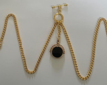 hand made vintage type double albert gold plated pocket watch chain spinning fob stone red black