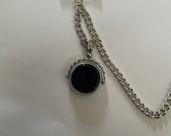 vintage type single albert silver  plated pocket watch chain spinning fob stone black red