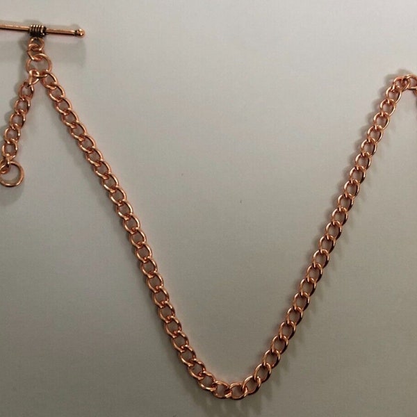 hand made vintage type solid copper rose gold colour albert pocket watch chain t bar fob