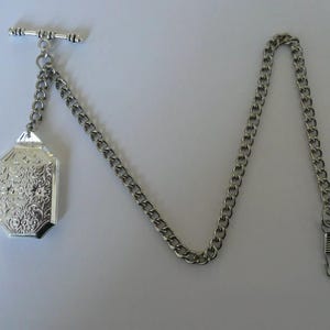 single albert silver plated pocket watch chain old vintage double locket fob t bar