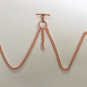 vintage type solid copper rose gold double albert pocket watch chain t bar fob