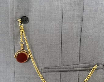 vintage type single albert gold plated pocket watch chain spinning fob stone black red