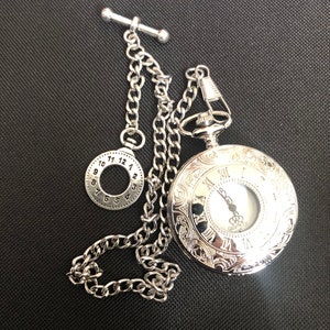single albert silver colour chain and Half Hunter Pocket Watch fob t bar