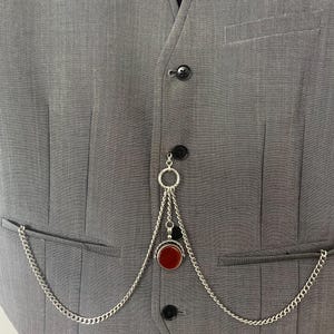 hand made vintage type double albert silver plated pocket watch chain spinning fob stone black red