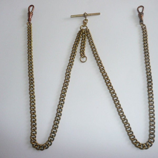 unusual vintage type solid brass double albert pocket watch chain t bar fob