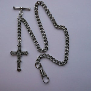 vintage type silver colour cross single albert pocket watch chain
